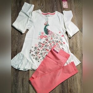 White Top with Peacock Design and Light Coral Pants Set Size 7/8
